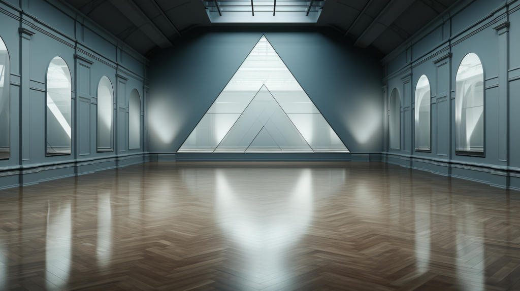 An illustration of a large unfurnished room with hard surfaces depicting excessive reverberation and echo issues through visual sound waves endlessly reflecting off the walls and ceiling, demonstrating the need for sound absorption.