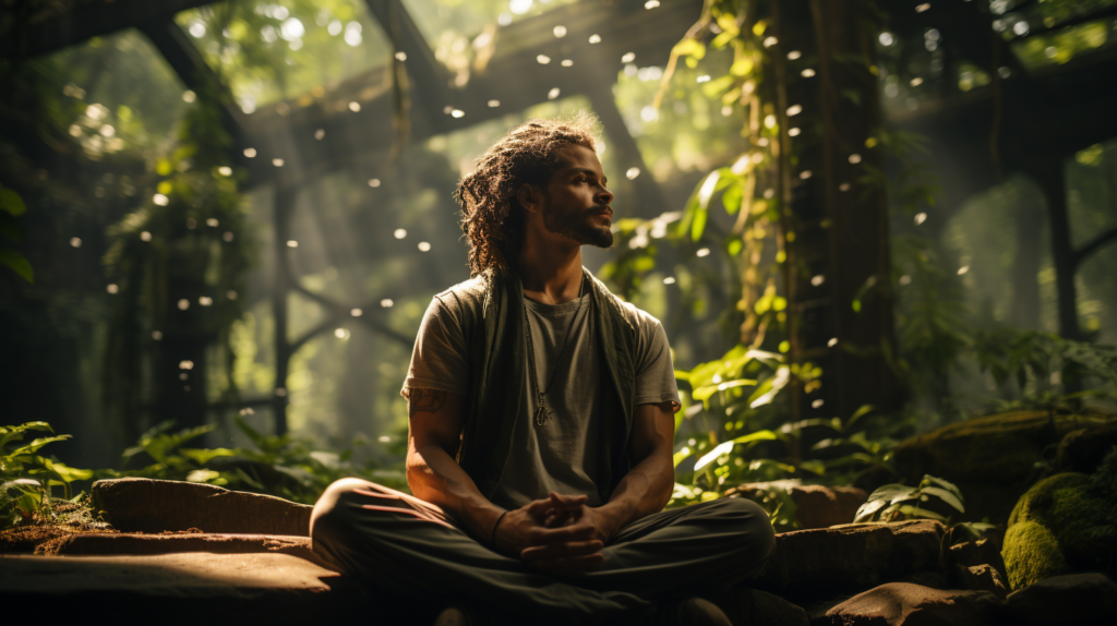 An illustration depicting a person meditating in a serene forest environment to convey the relaxation, restoration, and overall wellbeing benefits of spending quiet time in peaceful natural settings.
