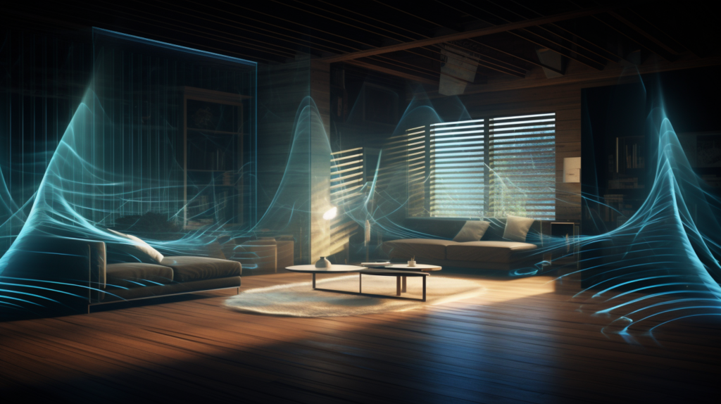 A 3D rendered room with green and blue particle sound waves reflecting off the walls, floor, and ceiling, illustrating the complex sound reflections and reverberation that occur indoors. The dark background makes the colorful sound wave particles stand out prominently.