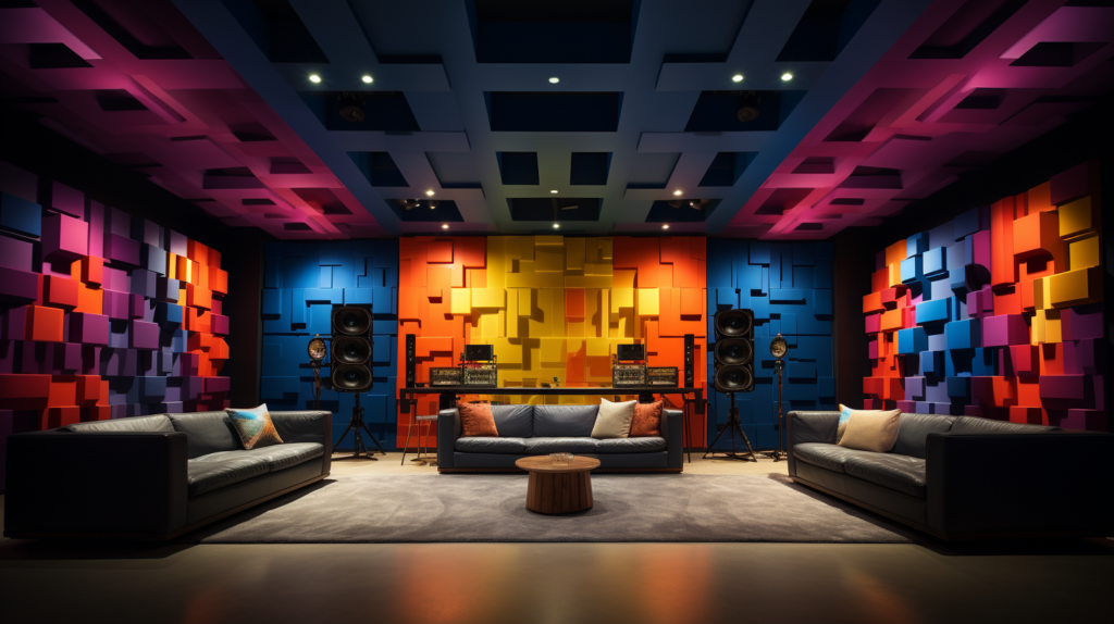 In a modern recording studio, a sound engineer stands amidst fiberglass acoustic panels, their surfaces elegantly woven with fiberglass fibers. These panels adorn the studio walls, contributing to a symphony of sound control. The lighting accentuates the technological and acoustic harmony, representing the core of creative audio innovation.