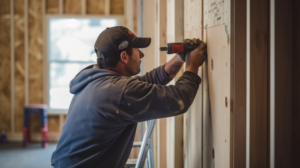 A skilled carpenter expertly securing wall studs to the existing room wall, the first step in constructing a soundproof booth, highlighting the importance of precision and proper framing in the process.