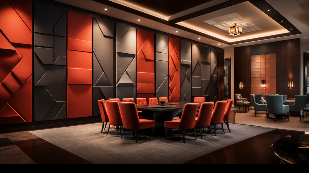 A collage of images displaying real-world applications of microsuede acoustic panels. The settings include an upscale home theater, a corporate boardroom, and an elegant restaurant, where the panels contribute to aesthetics and sound quality, highlighting their versatility and effectiveness.