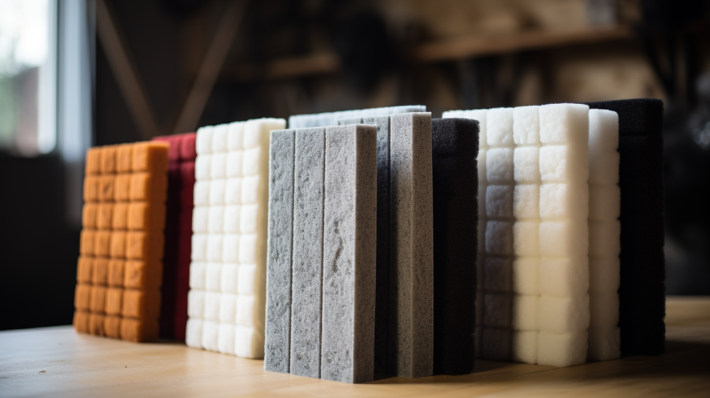 A comparative image showing different materials for making bass traps. On the left, traditional fiberglass and mineral wool bass traps are displayed, known for their dense, fibrous structure. On the right, lightweight polyester acoustic panels are showcased, demonstrating their ease of handling and potential for layering to enhance effectiveness. This visual comparison emphasizes the evolving landscape of acoustic treatment materials.