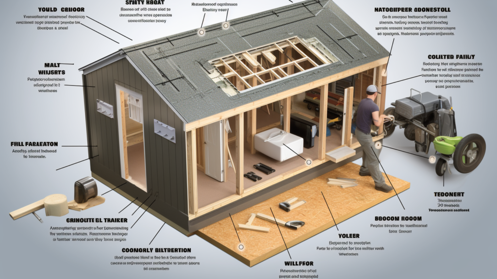 An image showcasing the step-by-step process of building a soundproof generator box. The image includes a garden shed with horse stall mats on the floor, marked vent locations, holes cut for vents, installation of an attic vent, and the application of Dynaflex sealant. The image also features the installation of the blast gate, weatherproofing of the blast gate with galvanized sheet metal, cutting a hole for the attic fan, securing the fan in place, measuring and cutting Rock Wool Comfort board, and the installation of Rock Wool insulation. Additionally, the image displays the generator's exhaust pipe wrapped with fiberglass material, the application of muffler inlet pipe sealer, and the mounting of the exhaust pipe to a wooden fence. Wooden noise reduction boxes are visible at the intake and exhaust areas, and a motorcycle muffler is attached. Finally, the image shows the propane hose and power cord running through the blast gate.