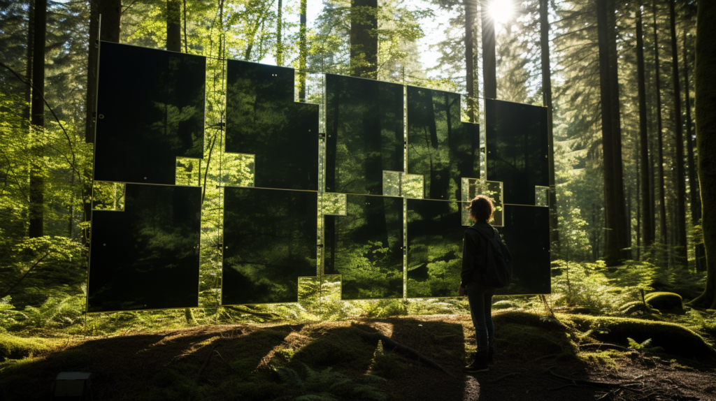 An intrepid explorer at the crossroads, clutching a stack of acoustic panels, ready to tame the wild acoustics of the forest. Light filters through the leaves, casting an enchanting pattern on the panels, highlighting the journey towards acoustic mastery amidst nature's beauty.