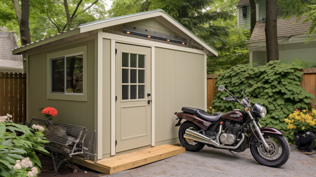  A meticulously arranged garden shed showcasing a generator enclosed within a soundproof box. Attic vents and blast gates are thoughtfully placed, ensuring proper ventilation and heat management. The interior features Rock Wool Comfort Board for insulation and noise reduction boxes for the vent and exhaust. A motorcycle muffler is expertly installed, wrapped in heat-resistant fiberglass material, and connected to a heat-resistant dryer vent for safe exhaust discharge.