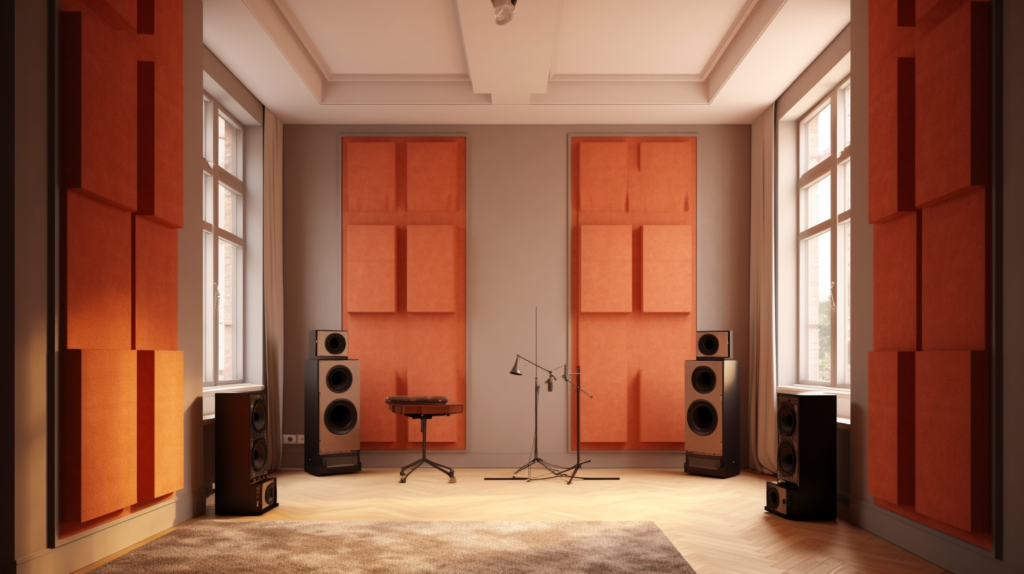 An image of a room featuring two side-by-side acoustic panels placed at the correct height, effectively managing sound reflections and enhancing audio quality within the space.
