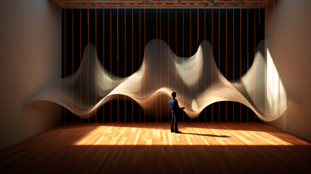 A visual representation depicting sound waves interacting with acoustic panels strategically placed at different heights on a wall, highlighting how placement affects sound absorption, reflection, and diffusion based on the science of acoustics.