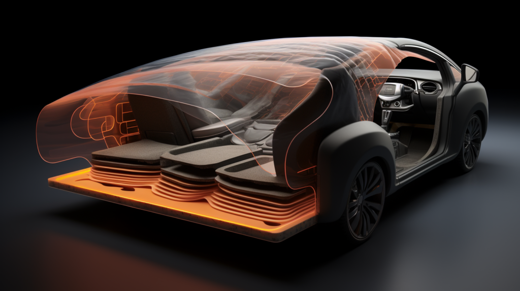 A visually striking representation of soundproofing materials for a car. In the image, a car's interior is shown with three translucent layers, symbolizing the materials needed for soundproofing. The first layer is 80 mil Butyl Rubber Mat, adhered to the car's metal surface. The second layer represents 150 mil Closed-Cell Foam for absorbing higher-frequency sounds. The third layer is Mass Loaded Vinyl (MLV), known for its density and flexibility, serving as a barrier to sound and heat. The image creatively conveys the layers of soundproofing materials within a car interior, offering both information and visual appeal.