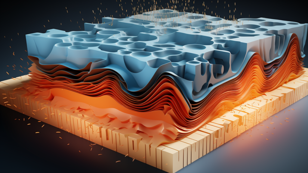 An illustration depicting the functionality of acoustic foam panels. High-frequency sound waves are shown approaching an acoustic foam panel. These waves penetrate the porous structure of the foam, where their vibrations create friction with the foam's cell walls, converting acoustic energy into heat. The image demonstrates how sound is dissipated as heat within the foam. It also emphasizes the strategic placement of acoustic foam panels in a room to control high-frequency reflections and reverberations