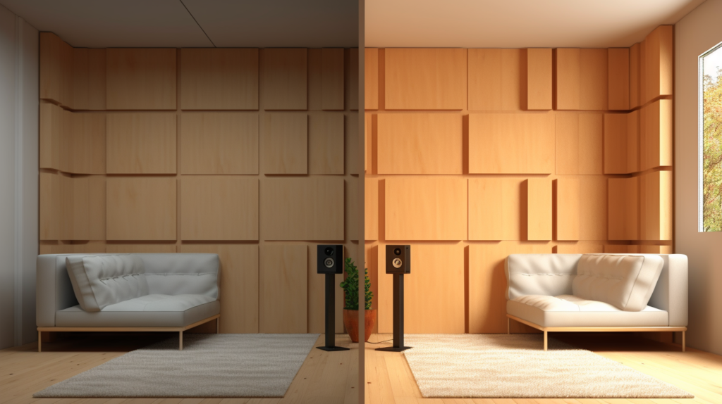 An illustrative image demonstrating the impact of strategic acoustic panel installation on noise transmission. On the left, the 'before' scene shows a room with gaps between panels, allowing sound waves to pass through and causing noise ingress. On the right, the 'after' scenario displays the same space with acoustic panels mounted edge-to-edge, effectively blocking sound transmission. Sound waves are absorbed, and reflective surfaces are eliminated, resulting in a quieter environment