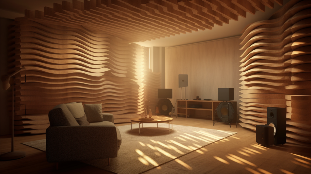 An illustrative image demonstrating the noise reduction capabilities of wood acoustic panels. The visual depicts sound waves interacting with wooden panels, where the energy is absorbed and converted into heat, effectively reducing echoes and reverberation, and improving the acoustic quality of the room