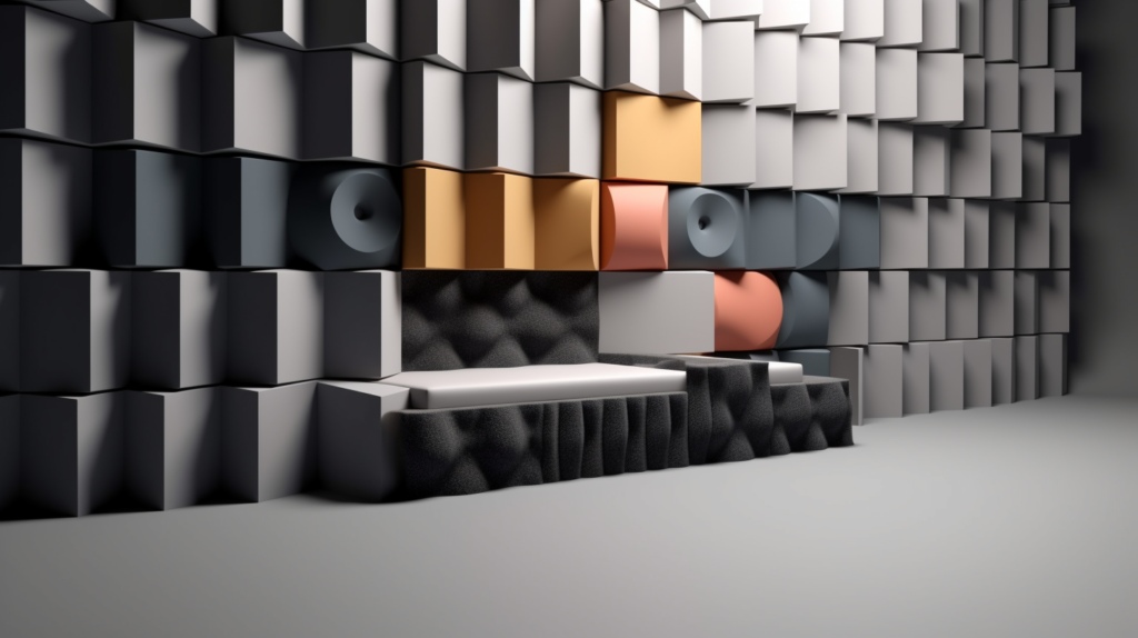 An illustrative image demonstrating the synergy between acoustic foam panels and soundproofing materials in noise control. One side showcases acoustic foam panels managing high-frequency reflections and echoes, while the other side presents mass loaded vinyl sheets, soundproof drywall, and soundproofing materials addressing lower frequencies and exterior noise intrusion. The combined approach ensures comprehensive soundproofing for the room