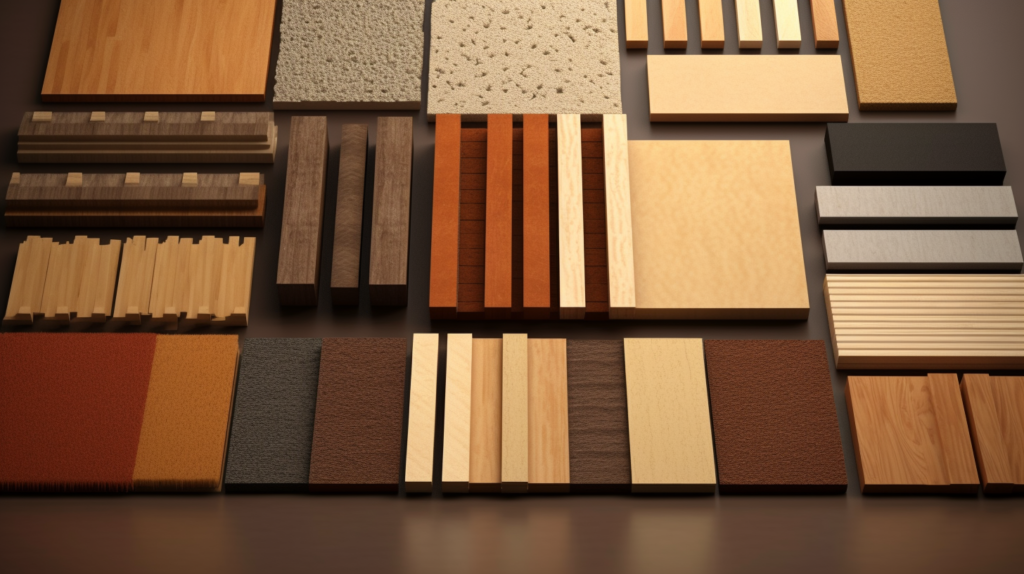 An illustrative image highlighting different wood materials employed in the construction of acoustic panels. This visual guide showcases solid wood panels, plywood, MDF, wood veneers, and acoustic wood composites, emphasizing their individual characteristics, including texture, appearance, and acoustic properties. It serves as a reference for selecting the most suitable wood material for specific acoustic panel projects