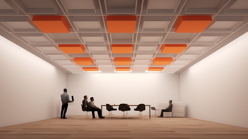  An illustrative representation demonstrating the installation of ceiling-mounted acoustic panels, placed around 6 inches below the ceiling, to enhance their effectiveness in interacting with sound waves and improving room acoustics.