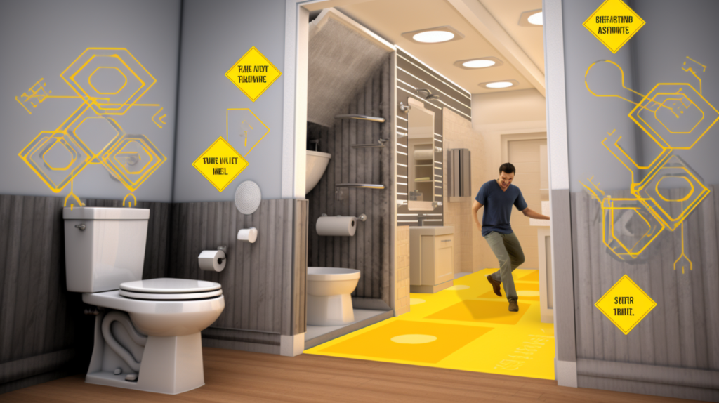 An image depicting a bathroom space with highlighted acoustic weaknesses, including a thin door, poorly insulated walls, amplifying flooring, and a non-soundproof ceiling. Visual indicators and arrows direct attention to these specific issues, emphasizing the need for assessment. In the background, a homeowner surveys the room, contemplating cost-effective solutions. The image conveys the importance of assessing weaknesses and employing targeted soundproofing strategies for cost-effectiveness.