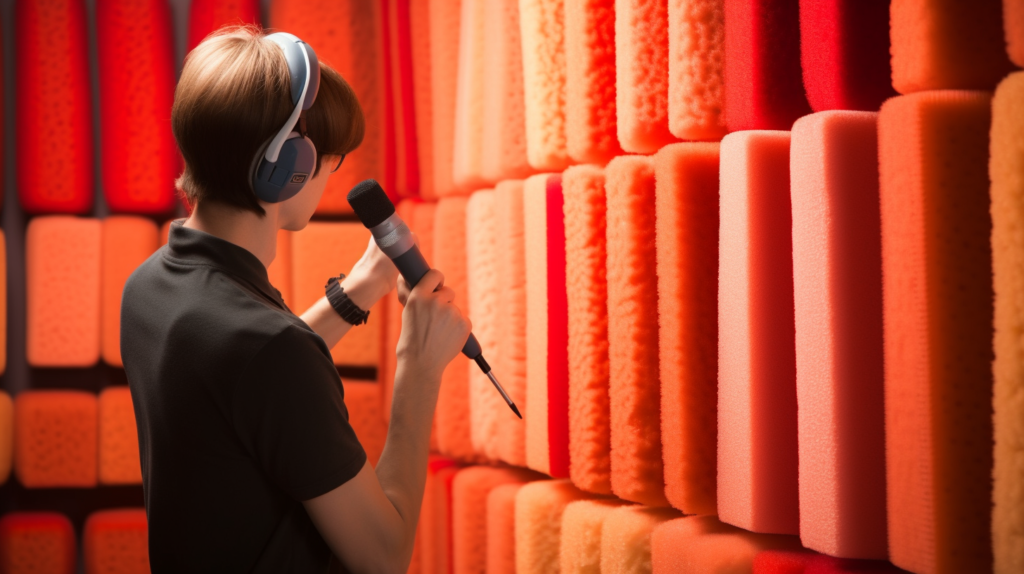 An image depicting a person inspecting acoustic foam with labels highlighting its fire-retardant treatment. The person holds a paintbrush near the foam, signifying the question of painting acoustic foam, emphasizing the importance of understanding its properties.