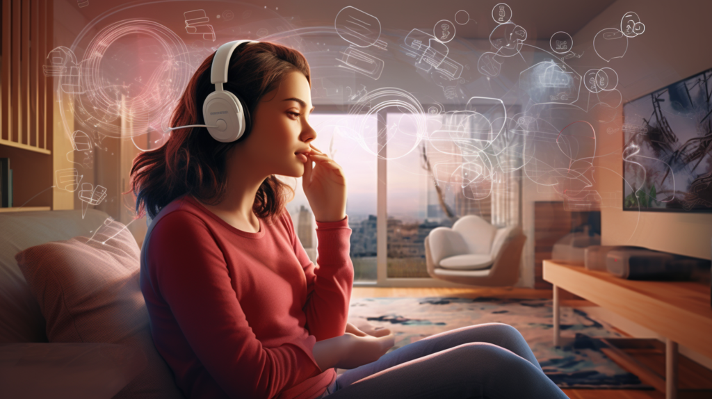 An image displaying a person in an apartment, attentively listening with a hand cupped to their ear, trying to identify the source of noise disturbance, with thought bubbles showing various noise sources like music, footsteps, and household appliances.