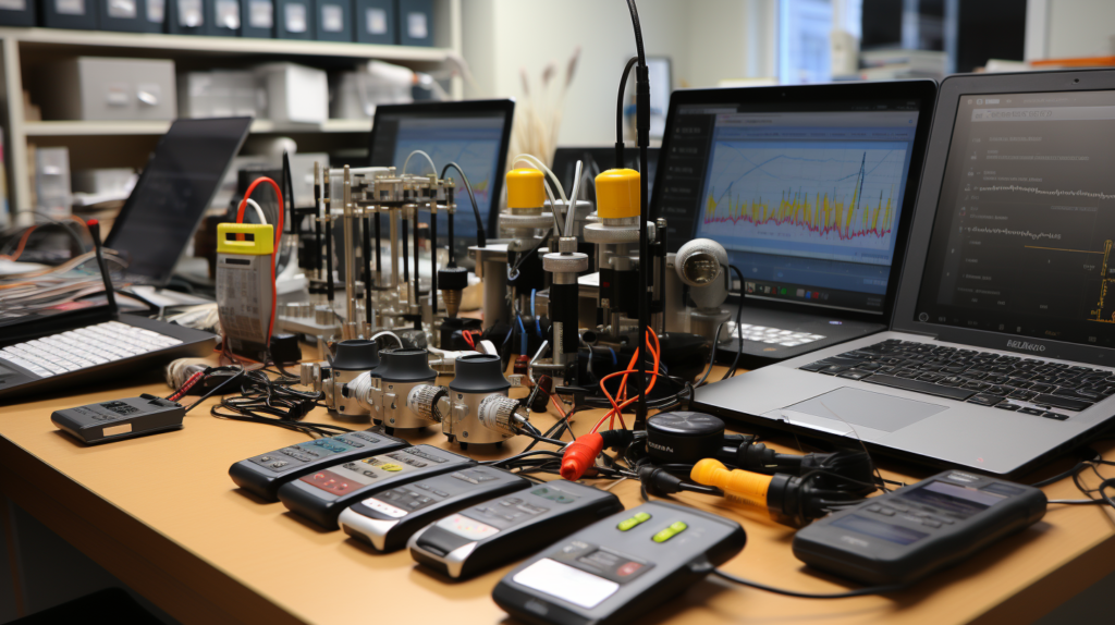 An image displaying a table with neatly arranged professional-grade acoustic measurement equipment, including sound level meters, acoustic analyzers, sound sources, and testing microphones. The image emphasizes the significance of using specialized tools to ensure accurate room acoustics measurements and professional analysis.