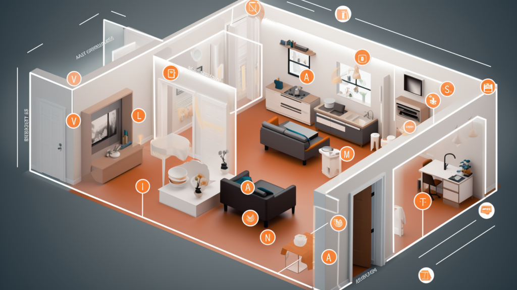 An illustrative image showcasing an apartment interior with icons representing various soundproofing options for different surfaces, emphasizing the importance of customizing soundproofing strategies based on individual needs and living situations.
