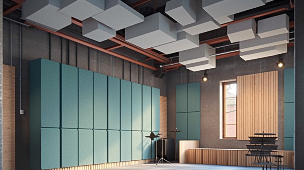  An image featuring a room with mineral wool panels installed on the walls, highlighting their density and ability to absorb low-frequency sounds. The image illustrates the industrial appearance of mineral wool panels and the considerations regarding aesthetics when choosing them as an alternative to acoustic foam.