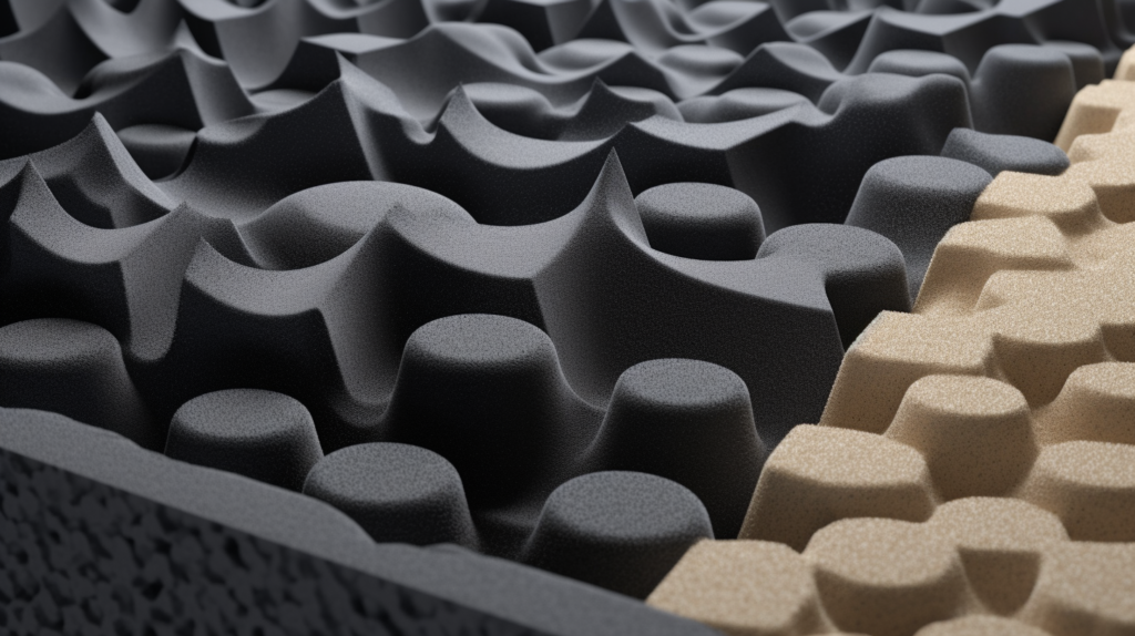 An image illustrating the limitations of acoustic foam, focusing on its challenges with low-frequency sounds and susceptibility to deterioration over time. The image provides a visual comparison between a space treated with acoustic foam and another space where alternative soundproofing materials have been used, highlighting the differences in sound management.