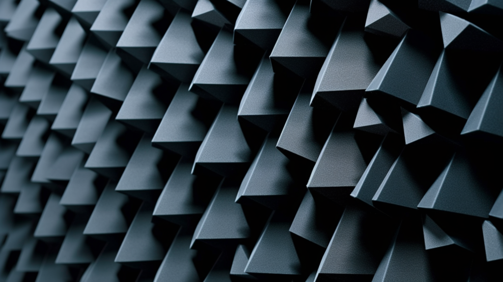 Close-up view of acoustic foam panels with intricate designs, including wedges, pyramids, and egg-crate patterns, showcasing their sound-absorbing properties