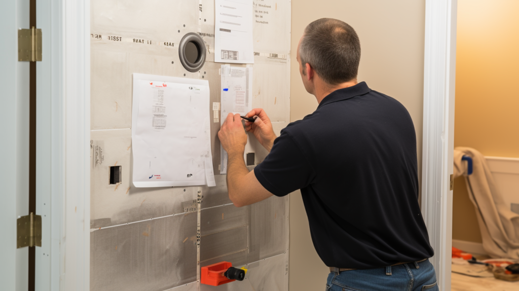 An image of a homeowner conducting a maintenance check in their soundproofed bathroom. The person inspects the bathroom door, checks the door seals and frame seal kit, examines acoustic pipe lagging on plumbing, and assesses soundproofing foam within the wall. In the background, a calendar with bi-annual check dates is visible, highlighting the importance of regular inspections. The bathroom continues to provide tranquility through ongoing maintenance and upkeep.