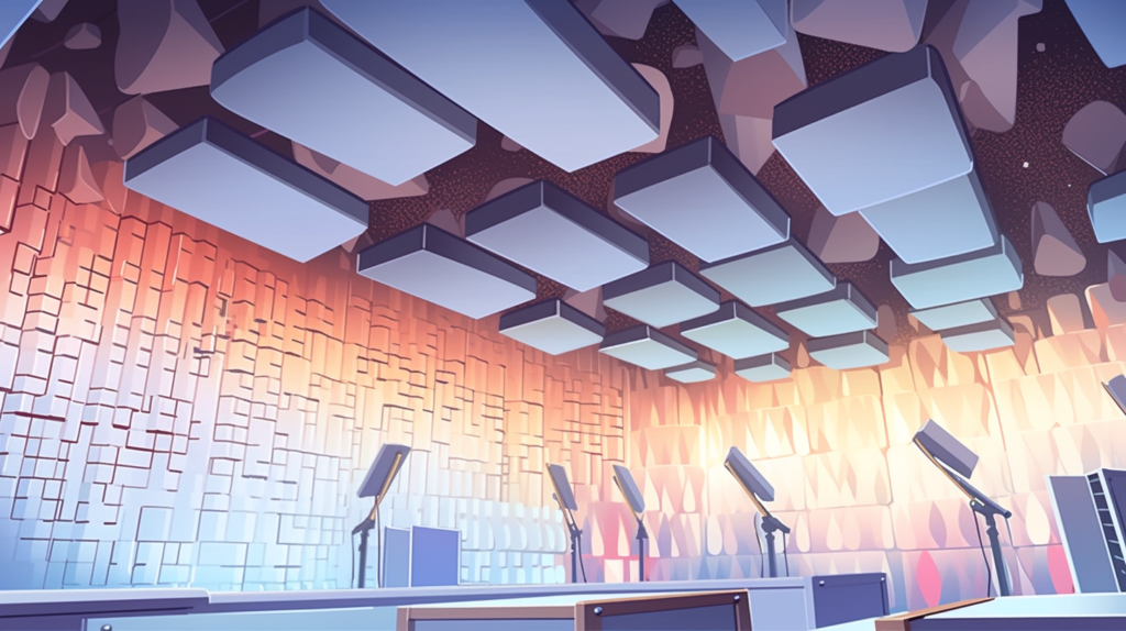 An image of a recording studio with acoustic foam panels strategically positioned on the walls and ceiling. Sound waves are illustrated as being absorbed by the foam, improving the acoustic environment for audio recording.