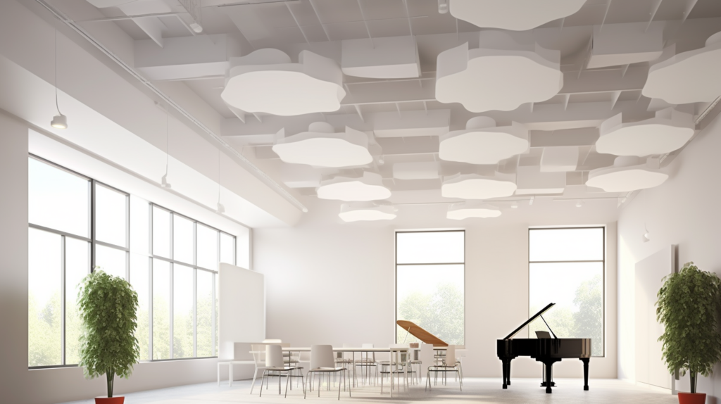 An image of a room featuring suspended acoustic ceiling clouds and baffles, designed to optimize sound reflections and enhance room acoustics, particularly in spaces with tall ceilings or where comprehensive acoustic treatment is needed.