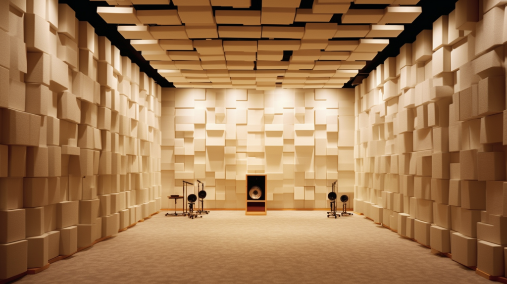 Room with high-density normal foam panels strategically placed on the walls for acoustic treatment, demonstrating a sustainable and cost-effective solution