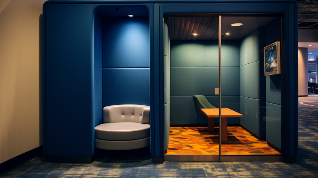 A soundproof booth placed in a room with carpeted flooring, highlighting the importance of positioning it near a power outlet and how the booth can be seamlessly integrated into the existing room design for optimal functionality and soundproofing.