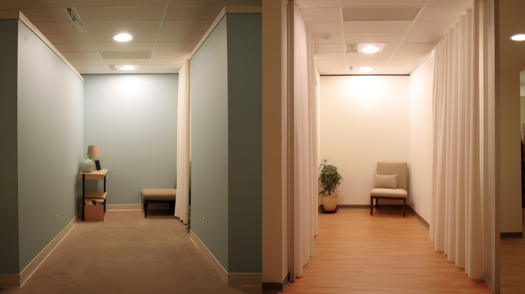 A visual comparison: A noisy room with no soundproofing, contrasted with a peaceful room featuring effective soundproofing