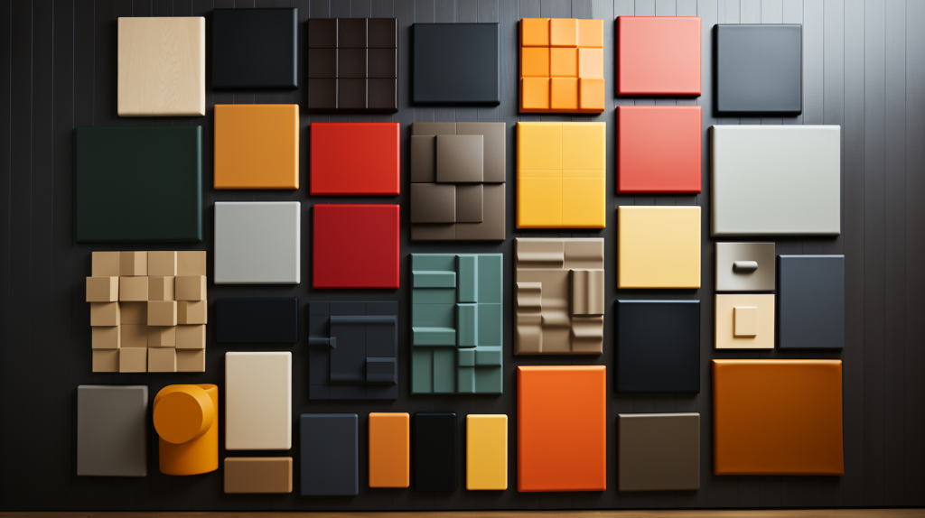 An image showcasing three different acoustic panels made from various materials: foam, wood, and fabric-wrapped fiberglass. Each panel is strategically placed on a wall, highlighting the variety of options available for acoustic treatment, with varying features related to cost, sound quality, and installation requirements.