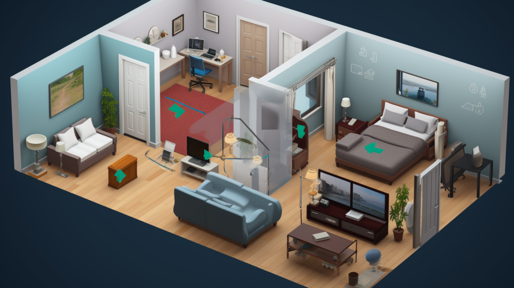 An illustrative image featuring various rooms in an apartment, each labeled and symbolized to represent different living circumstances, such as a home office, a nursery, and a living room. The image emphasizes the importance of customizing soundproofing strategies based on individual needs and living situations.