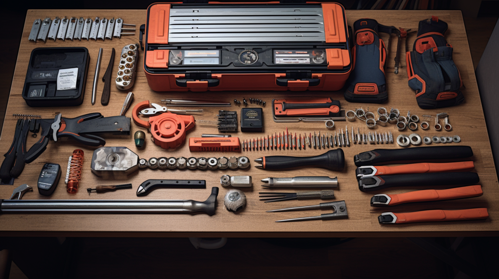 The image showcases an organized toolbox with all the essential tools needed for soundproofing a car. Each tool is neatly arranged on a workbench, creating a visually pleasing composition. From trim tools to utility knives, clips, scissors, adhesive rollers, and more, all tools are in pristine condition, ready for use. The toolbox itself is positioned against a backdrop of soundproofing materials, providing a clear connection to the car soundproofing project.
