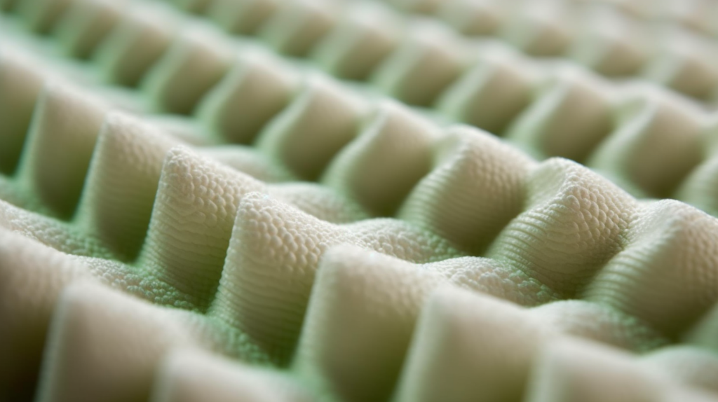 Close-up view of memory foam material with a distinctive viscoelastic texture, demonstrating its slow-recovery properties