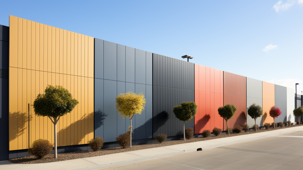 Collage of diverse acoustic fence designs, from traditional wooden slats to contemporary metal panels, demonstrating the wide range of colors and finishes available for customization
