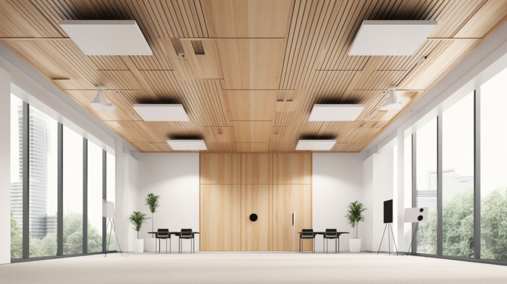 An illustrative image demonstrating the strategic placement of wood acoustic panels in a room. The panels are evenly distributed, covering reflection points, ceiling corners, and wall perimeters. Some panels are mounted at corners, while others are on the ceiling. Airspace is intentionally left behind the wall panels. This placement ensures optimal noise reduction and improved room acoustics
