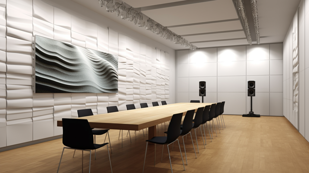 An illustrative image showcasing the impact of acoustic panels on noise reduction. In the section with properly installed panels, soundwaves are absorbed, and the room enjoys improved acoustics. In the section without panels, soundwaves bounce off walls, leading to noise issues. The visual contrast emphasizes the effectiveness of acoustic panels in reducing unwanted noise