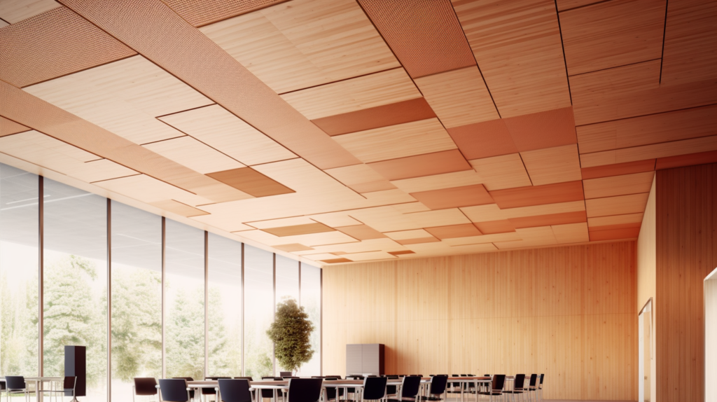 An illustrative image showcasing the benefits of wood acoustic panels. The visual portrays a room with wood panels on the walls and ceiling, absorbing sound waves, reducing echoes, and enhancing sound clarity. The wood panels seamlessly integrate with the room's design, providing both effective sound absorption and visual appeal