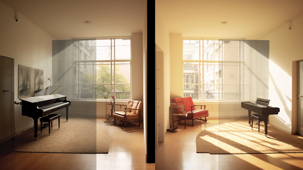 An illustrative comparison image demonstrating the real-world effectiveness of acoustic panels in reducing noise pollution. On the left side, the 'Before' scenario shows an upstairs neighbor causing disturbances with their footfall and a noisy classroom without acoustic treatment. On the right side, the 'After' scenario depicts the same locations with acoustic panels installed, resulting in a significant reduction in noise levels, as shown by decibel meters. This visual representation highlights the practical impact of acoustic panels