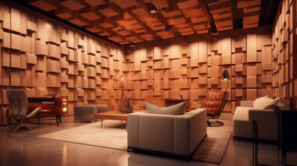 An illustrative image capturing the use of wood acoustic panels in a recording studio. These panels are strategically installed on the walls and ceiling to improve sound quality and reduce echo and reverberation. The warm, well-lit environment demonstrates the aesthetic appeal and practicality of wood acoustic panels in professional audio settings
