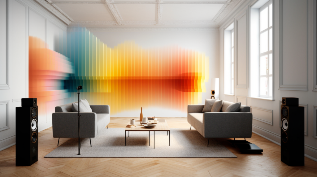 An illustrative image demonstrating the impact of acoustic panels on noise levels in a room. On the left, the 'before' scene depicts a noisy and chaotic environment with visible sound waves reverberating. On the right, the 'after' scenario reveals the same space transformed into a calm and peaceful setting, thanks to the installation of acoustic panels. Sound waves are visibly absorbed and reduced, creating a more pleasant atmosphere."