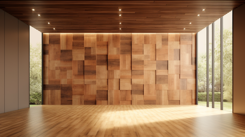 An image featuring a room with wooden acoustic panels installed on the walls, highlighting their aesthetic appeal and customization options. The panels add a warm and natural look to the space. The image illustrates the contrast between the visual aspect of wooden panels and their moderate sound absorption capabilities, emphasizing their suitability for specific acoustic and design needs.
