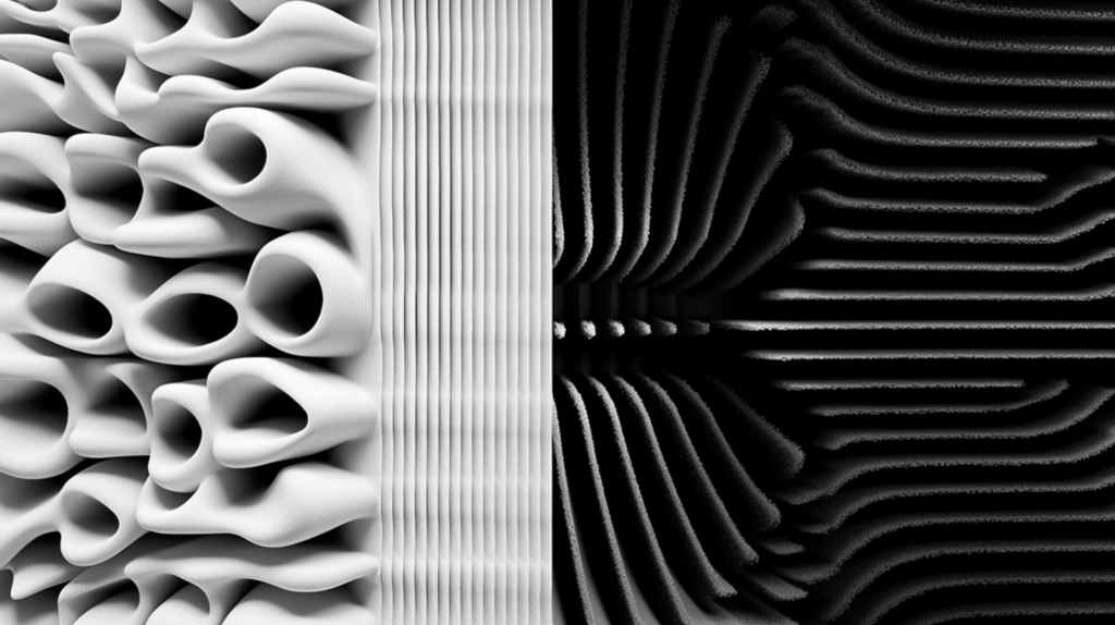  A visual representation showing sound waves being absorbed by acoustic foam on one side and sound waves being effectively blocked by a dense material on the other side. Demonstrates the contrast in their capabilities for stopping sound vibrations.