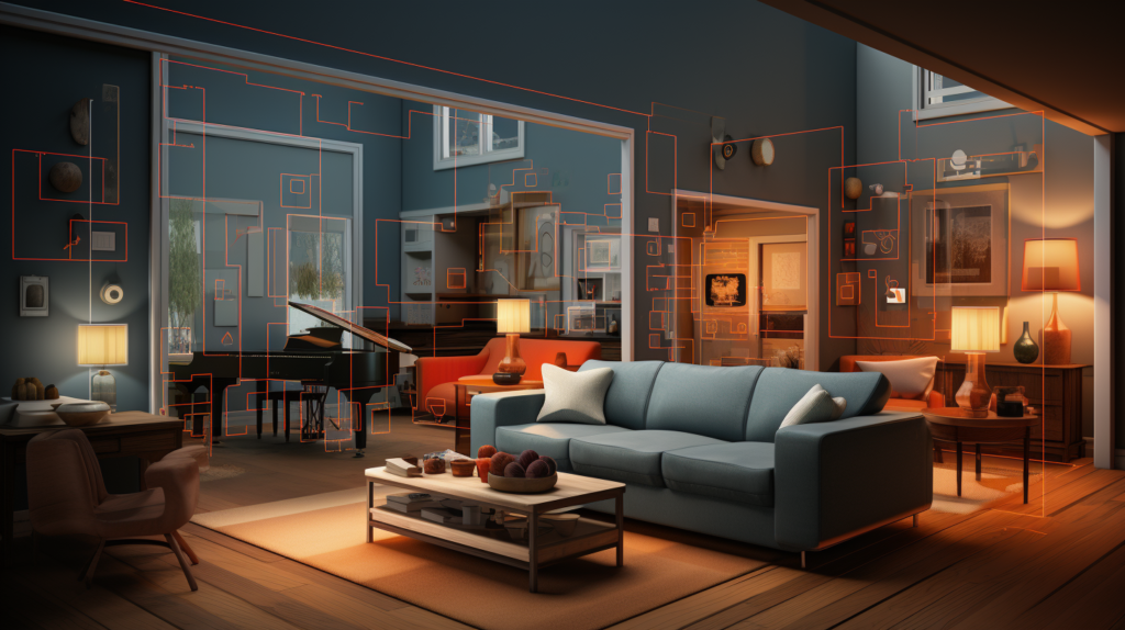 In this illustrative image, a room is depicted with a combination of noise reduction methods. Acoustic panels on the walls are complemented by sound-absorbing furnishings like rugs, curtains, and sofas. Visual cues also highlight the use of sound masking devices, caulking around gaps, and strategic furniture placement to block sound paths. The image portrays a comprehensive approach to reducing noise in a home