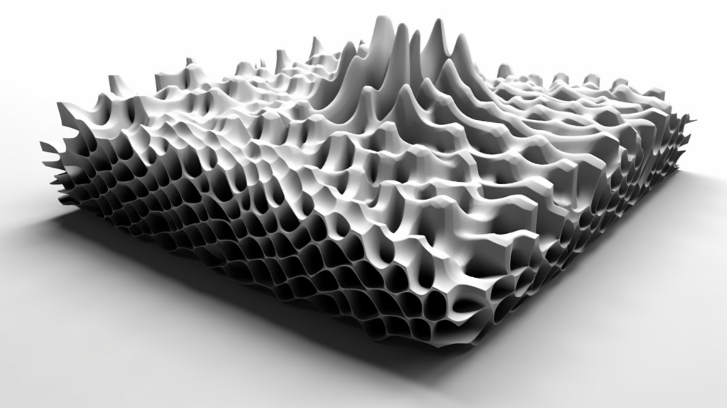  A cross-sectional illustration of acoustic foam with an open-cell structure capturing sound waves and disrupting their path, leading to a reduction in sound energy and audibility.