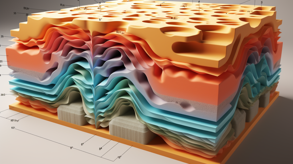 An illustration demonstrating the inner workings of acoustic foam panels. The image displays a cross-section of an acoustic foam panel with its porous and open-cell structure. High-frequency sound waves are shown entering the foam, where the vibrational energy is converted into heat, effectively illustrating the process of sound absorption in acoustic foam panels