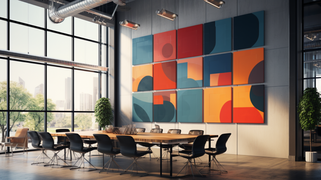 The informative image showcases a range of acoustic panel options and customization possibilities. It features acoustic panels with varying thicknesses, mounting styles, colors, textures, and prints. The image highlights the importance of selecting the right acoustic panel to achieve both effective noise reduction and a harmonious blend with the room's decor